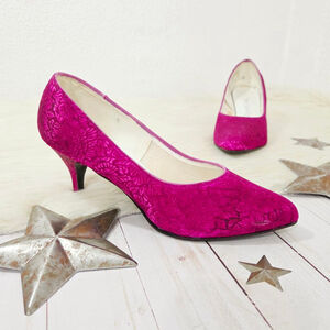 Vintage 50s 60s magenta pink brocade pumps floral heels pointed pinup size 8